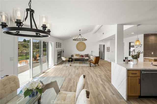 235 Via Ballena, San Clemente, CA 92672 - dining room featuring a chandelier, lofted ceiling, light wood-type flooring, and recessed lighting