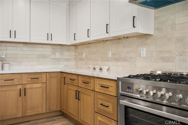 235 Via Ballena, San Clemente, CA 92672 - kitchen featuring high end stainless steel range oven, custom range hood, backsplash, light wood-style floors, and white cabinets
