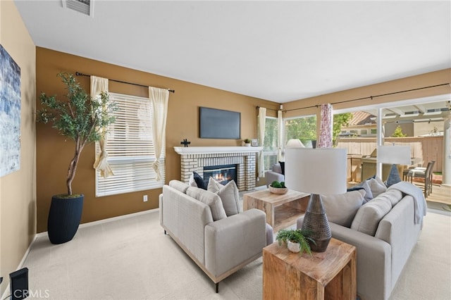 45422 Camino Monzon, Temecula, CA 92592 - living area featuring a brick fireplace and light colored carpet