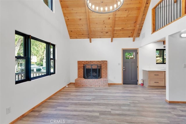 33198 Arrowbear Dr, Running Springs, CA 92382 - unfurnished living room with a wooden ceiling with exposed beams, high vaulted ceiling, wood finished floors, a chandelier, and a fireplace