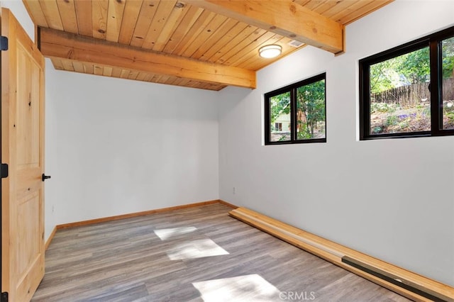 33198 Arrowbear Dr, Running Springs, CA 92382 - empty room featuring wood finished floors and a wooden ceiling with exposed beams