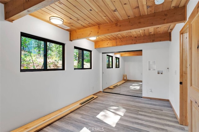 33198 Arrowbear Dr, Running Springs, CA 92382 - unfurnished room with healthy amount of natural light, light wood-style floors, and a wood ceiling with exposed beams