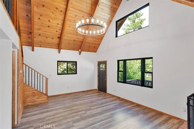 33198 Arrowbear Dr, Running Springs, CA 92382 - unfurnished living room featuring high vaulted ceiling, a chandelier, a wooden ceiling with exposed beams, wood finished floors, and stairs