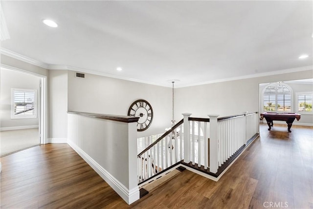 2571 Stetson Dr, Norco, CA 92860 - hall with wood finished floors, an upstairs landing, ornamental molding, and recessed lighting