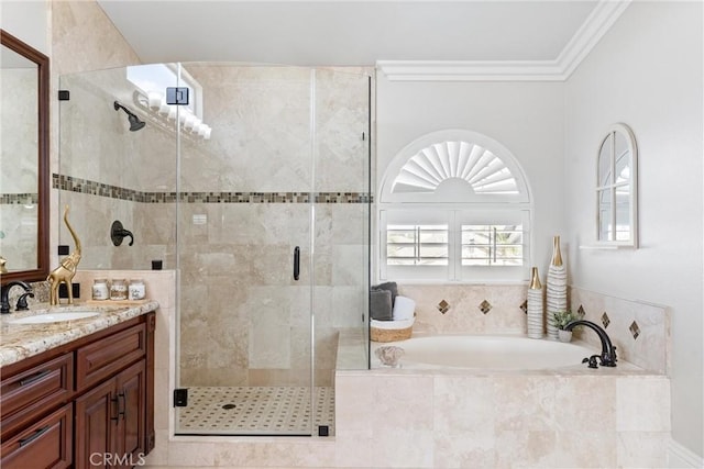 2571 Stetson Dr, Norco, CA 92860 - full bath featuring a garden tub, vanity, a stall shower, and ornamental molding