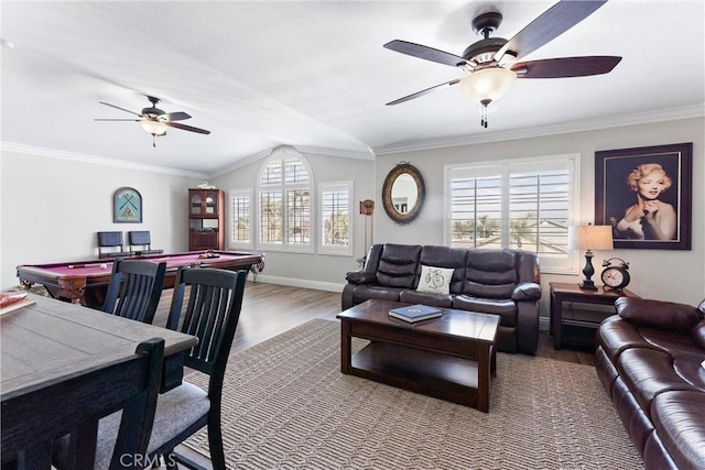 2571 Stetson Dr, Norco, CA 92860 - living area with ceiling fan, wood finished floors, billiards table, vaulted ceiling, and ornamental molding