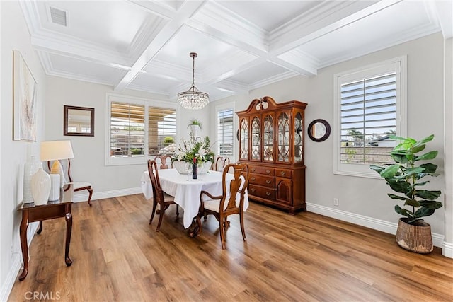 2571 Stetson Dr, Norco, CA 92860 - dining room featuring a chandelier, plenty of natural light, light wood-style flooring, beamed ceiling, and coffered ceiling