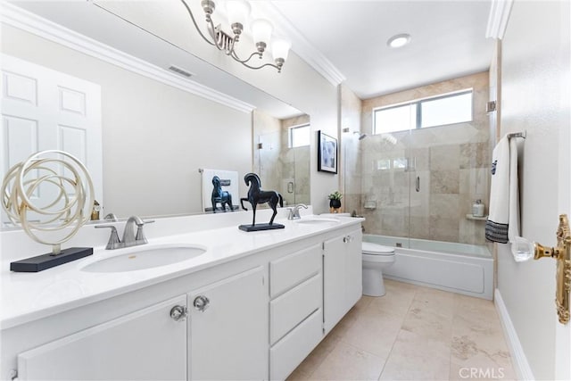 2571 Stetson Dr, Norco, CA 92860 - bathroom with double vanity, shower / bath combination with glass door, crown molding, and tile patterned floors