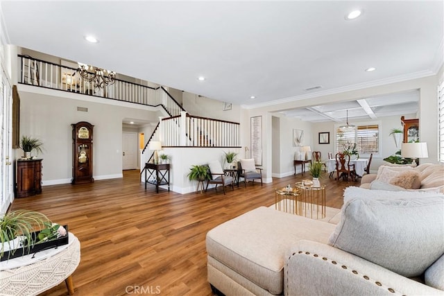 2571 Stetson Dr, Norco, CA 92860 - living area with a chandelier, coffered ceiling, stairway, recessed lighting, and wood finished floors