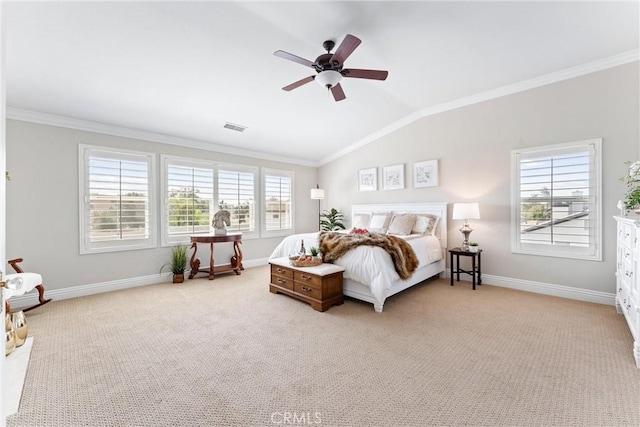 2571 Stetson Dr, Norco, CA 92860 - bedroom featuring vaulted ceiling, ornamental molding, light carpet, and a ceiling fan