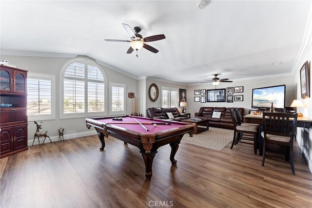 2571 Stetson Dr, Norco, CA 92860 - game room featuring a ceiling fan, wood finished floors, lofted ceiling, billiards table, and ornamental molding