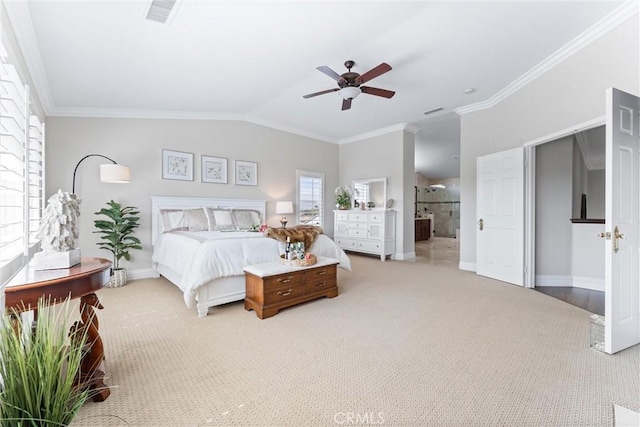 2571 Stetson Dr, Norco, CA 92860 - bedroom featuring crown molding, carpet floors, lofted ceiling, ceiling fan, and ensuite bath