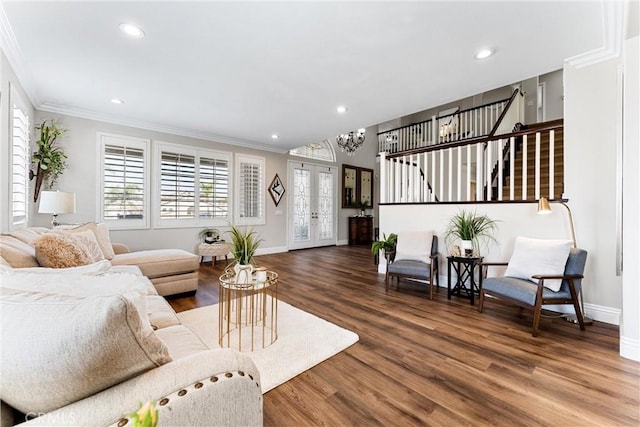 2571 Stetson Dr, Norco, CA 92860 - living room with crown molding, wood finished floors, recessed lighting, stairs, and a chandelier