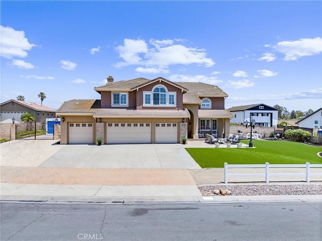 2571 Stetson Dr, Norco, CA 92860 - traditional-style house featuring a garage, driveway, a tiled roof, and a chimney