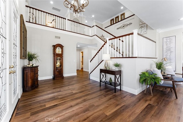 2571 Stetson Dr, Norco, CA 92860 - entrance foyer with stairway, ornamental molding, wood finished floors, a chandelier, and recessed lighting