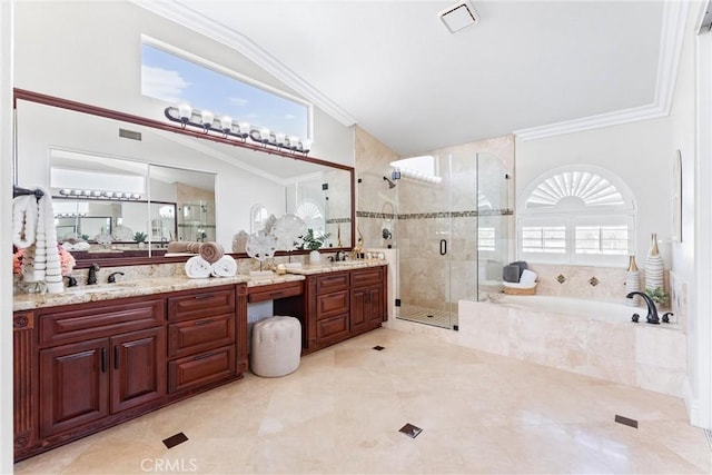 2571 Stetson Dr, Norco, CA 92860 - bathroom featuring a shower stall, double vanity, a garden tub, ornamental molding, and lofted ceiling