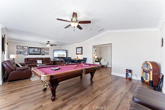 2571 Stetson Dr, Norco, CA 92860 - game room with ceiling fan, light wood finished floors, pool table, ornamental molding, and vaulted ceiling