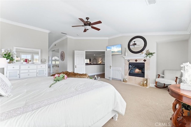 2571 Stetson Dr, Norco, CA 92860 - bedroom with ornamental molding, carpet, a tile fireplace, and a ceiling fan