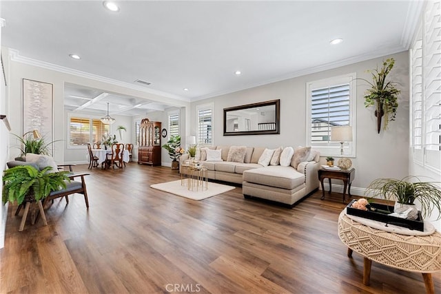 2571 Stetson Dr, Norco, CA 92860 - living room with coffered ceiling, wood finished floors, recessed lighting, beam ceiling, and crown molding