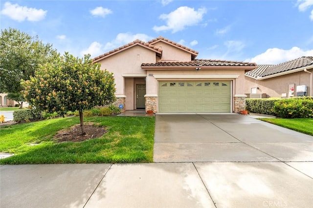 28253 Harmony Ln, Menifee, CA 92584 - mediterranean / spanish-style house featuring an attached garage, stone siding, concrete driveway, and a front lawn