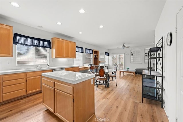 28253 Harmony Ln, Menifee, CA 92584 - kitchen featuring tile counters, ceiling fan, light wood-style flooring, recessed lighting, and light brown cabinetry