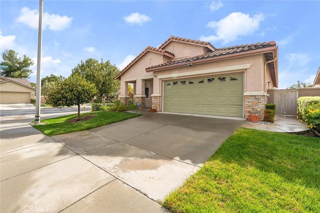 28253 Harmony Ln, Menifee, CA 92584 - mediterranean / spanish home with stone siding, driveway, stucco siding, and a garage