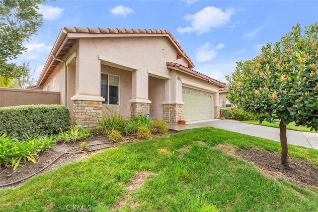 28253 Harmony Ln, Menifee, CA 92584 - view of front of home featuring stone siding, stucco siding, an attached garage, and driveway