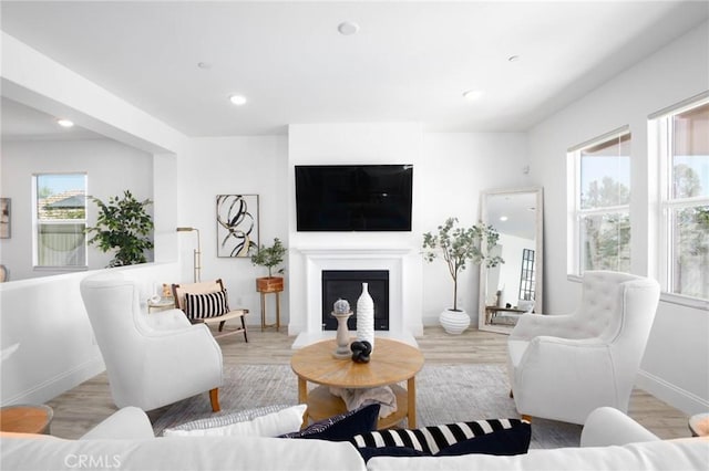 4062 Tamarind Rdg, Lake Elsinore, CA 92530 - living room featuring light wood-style flooring, recessed lighting, and a glass covered fireplace