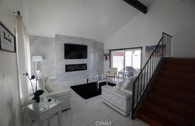 19912 Claretta Ave, Cerritos, CA 90703 - living area featuring high vaulted ceiling, stairs, beam ceiling, a fireplace, and marble finish flooring