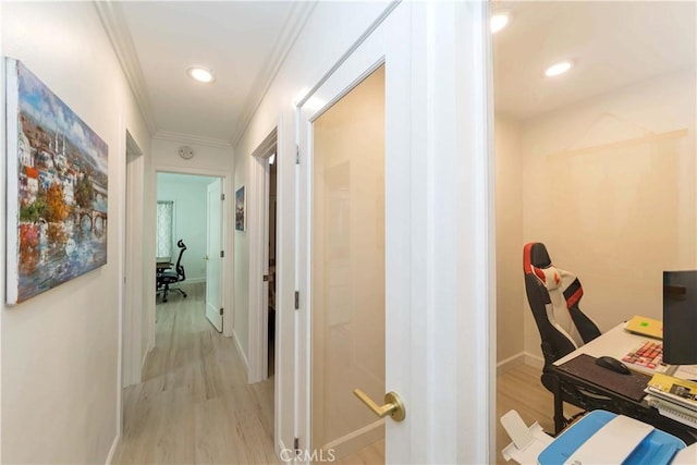 645 N Gramercy Pl, Los Angeles, CA 90004 - hallway featuring an office area, crown molding, light wood-style flooring, and recessed lighting