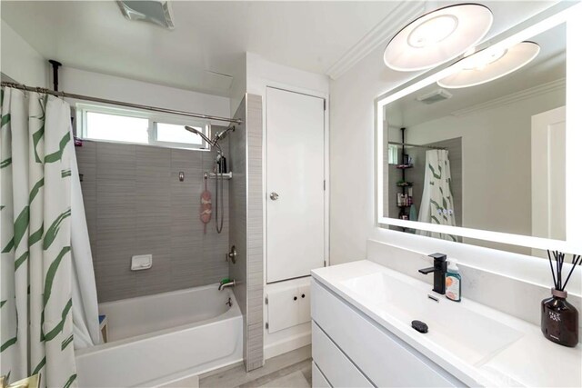 645 N Gramercy Pl, Los Angeles, CA 90004 - bathroom with shower / bathtub combination with curtain, vanity, and crown molding
