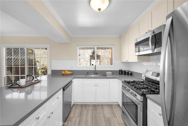 1047 E Huntington Dr Unit D, Monrovia, CA 91016 - kitchen featuring stainless steel appliances, plenty of natural light, decorative backsplash, ornamental molding, and white cabinetry