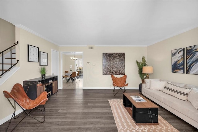 1047 E Huntington Dr Unit D, Monrovia, CA 91016 - living room with a chandelier, wood finished floors, stairs, and ornamental molding