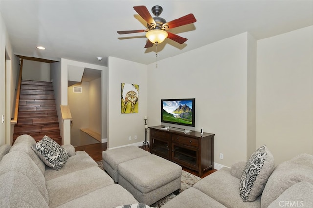1179 Aleutian Dr, Lake Arrowhead, CA 92352 - living area with stairs, ceiling fan, recessed lighting, and wood finished floors