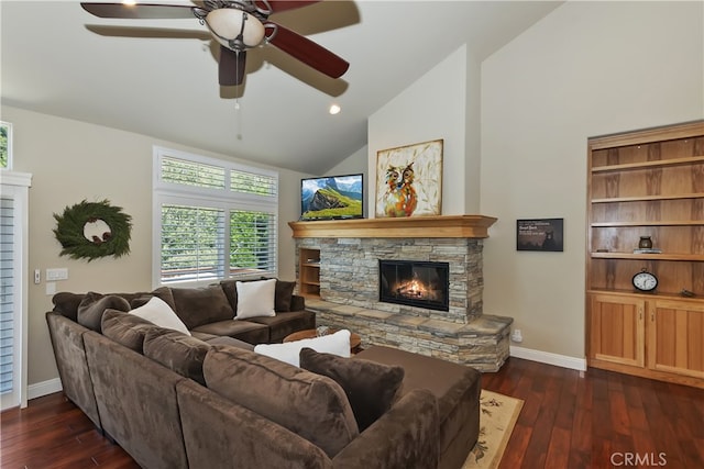 1179 Aleutian Dr, Lake Arrowhead, CA 92352 - living room featuring a fireplace, a ceiling fan, dark wood finished floors, and high vaulted ceiling