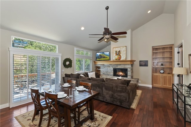 1179 Aleutian Dr, Lake Arrowhead, CA 92352 - dining space with a stone fireplace, dark wood-style floors, ceiling fan, high vaulted ceiling, and recessed lighting