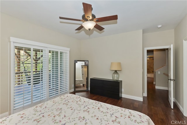 1179 Aleutian Dr, Lake Arrowhead, CA 92352 - bedroom with access to exterior, wood finished floors, and a ceiling fan
