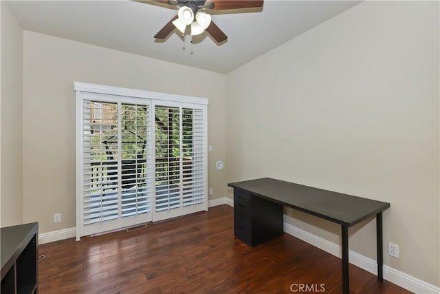 1179 Aleutian Dr, Lake Arrowhead, CA 92352 - unfurnished office with a ceiling fan and dark wood-type flooring