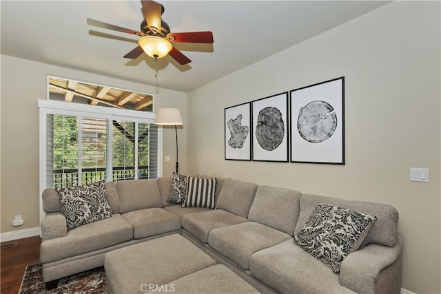 1179 Aleutian Dr, Lake Arrowhead, CA 92352 - living area with wood finished floors and a ceiling fan