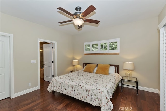 1179 Aleutian Dr, Lake Arrowhead, CA 92352 - bedroom with dark wood-style floors and ceiling fan