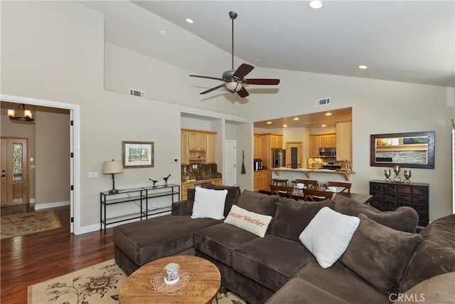 1179 Aleutian Dr, Lake Arrowhead, CA 92352 - living room with wood finished floors, ceiling fan, recessed lighting, and high vaulted ceiling