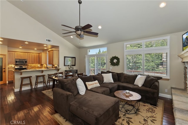 1179 Aleutian Dr, Lake Arrowhead, CA 92352 - living area featuring wood-type flooring, ceiling fan, recessed lighting, a fireplace, and high vaulted ceiling