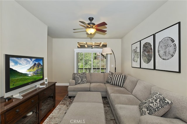 1179 Aleutian Dr, Lake Arrowhead, CA 92352 - living area featuring ceiling fan and wood finished floors