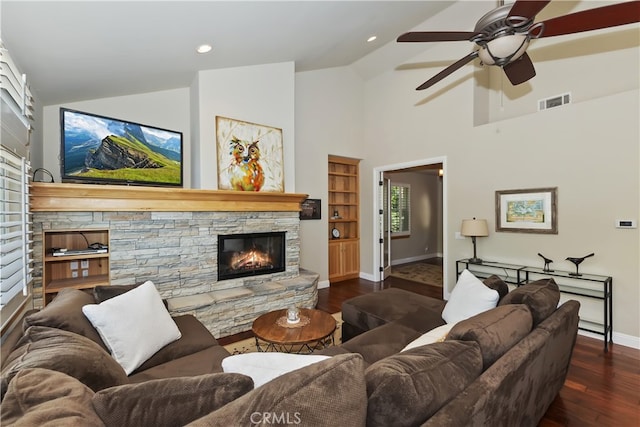 1179 Aleutian Dr, Lake Arrowhead, CA 92352 - living room with a stone fireplace, dark wood-style floors, ceiling fan, high vaulted ceiling, and recessed lighting