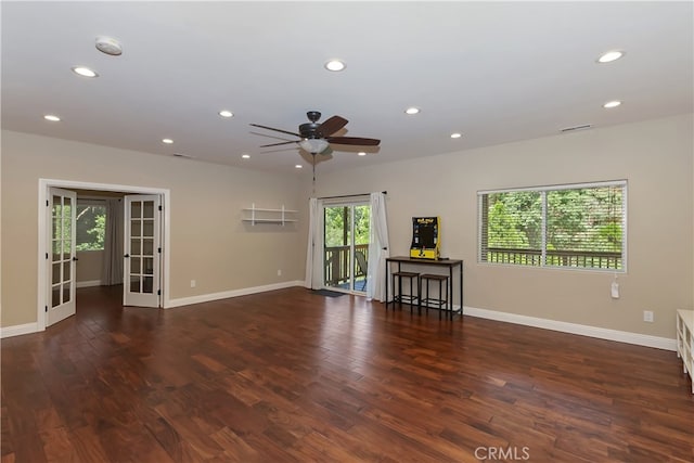 1179 Aleutian Dr, Lake Arrowhead, CA 92352 - unfurnished living room featuring ceiling fan, french doors, recessed lighting, and wood finished floors