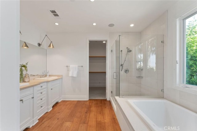 3201 4th Ave, Corona Del Mar, CA 92625 - full bath with vanity, a shower stall, a bath, hardwood / wood-style flooring, and recessed lighting