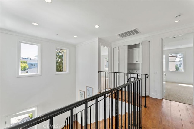 3201 4th Ave, Corona Del Mar, CA 92625 - hallway featuring an upstairs landing, ornamental molding, hardwood / wood-style floors, and recessed lighting
