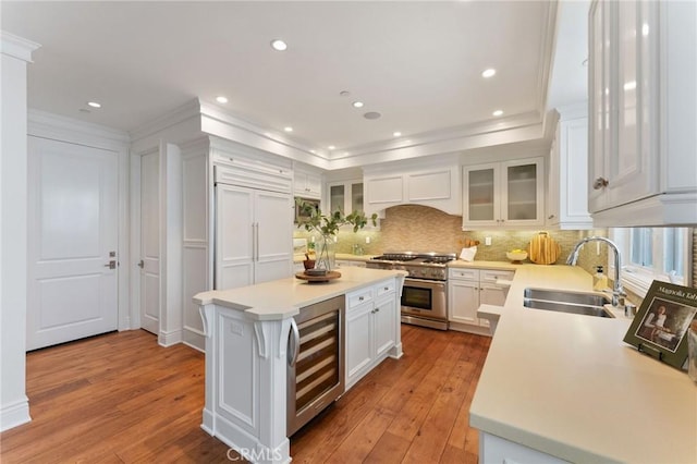 3201 4th Ave, Corona Del Mar, CA 92625 - kitchen featuring wine cooler, high end appliances, decorative backsplash, white cabinetry, and light countertops