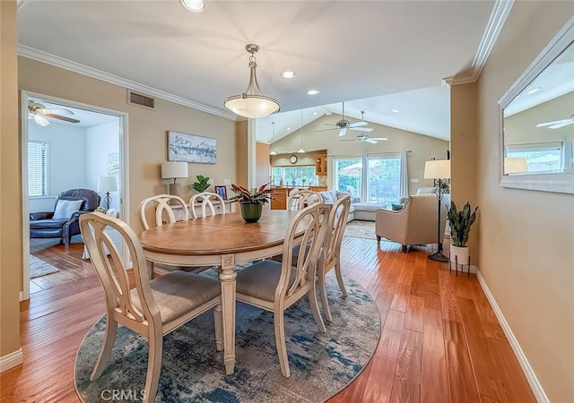 10424 Gloria Ave, Granada Hills, CA 91344 - dining area with a ceiling fan, light wood-style floors, crown molding, vaulted ceiling, and recessed lighting