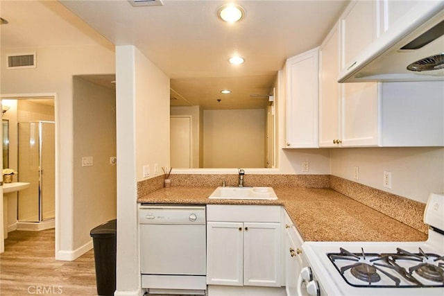 580 W Main St Unit 105, Alhambra, CA 91801 - kitchen featuring white appliances, under cabinet range hood, light wood-type flooring, white cabinetry, and recessed lighting